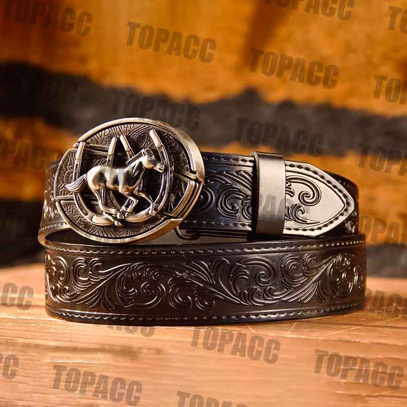 TOPACC Western Genuine Leather Pattern Tooled Black Belt - Buckle with Block