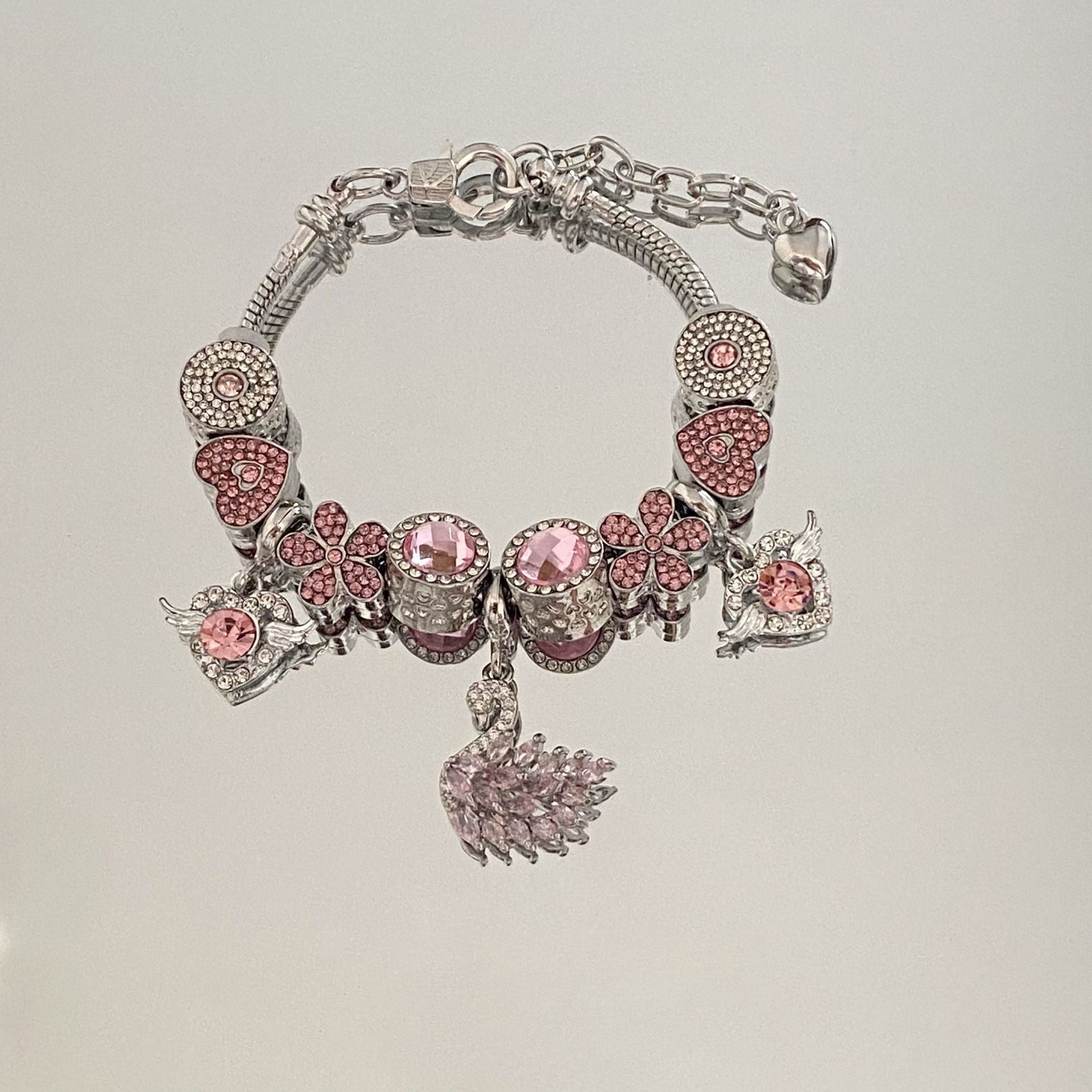 Electroplated 925 Silver Pink Swan Bracelet DIY Beaded Bracelet